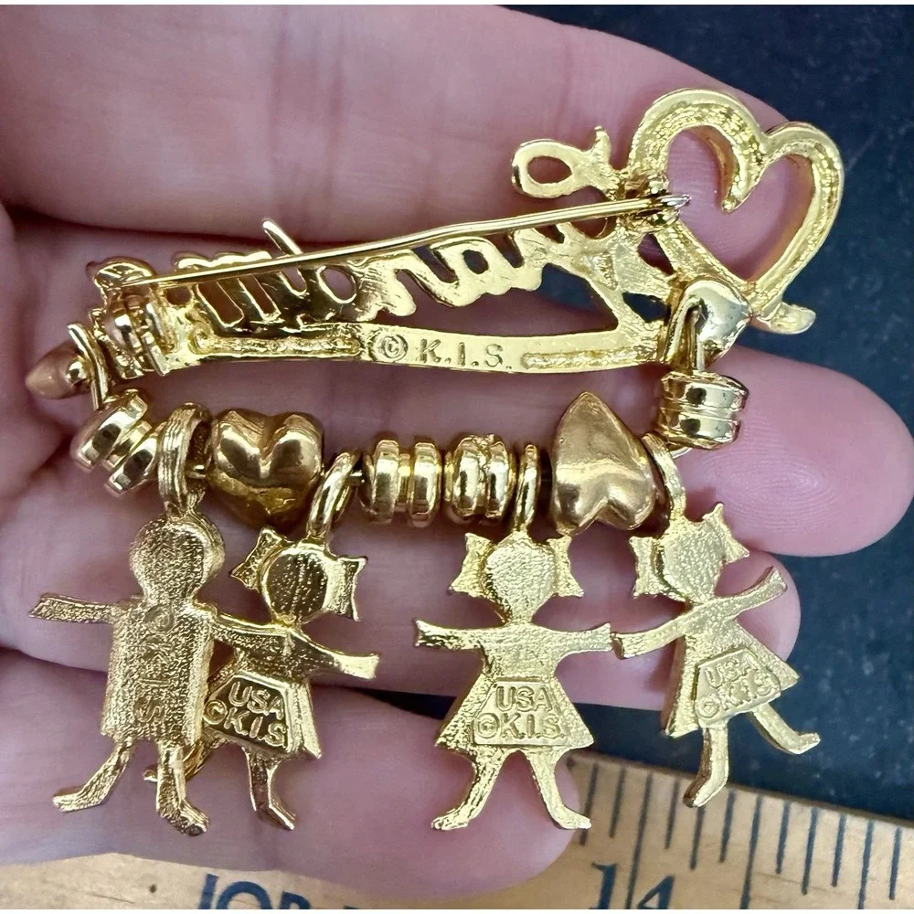 2 Vintage K.I.S. Grandma Gold Tone Brooch Pins Grandchildren Rhinestone Lot